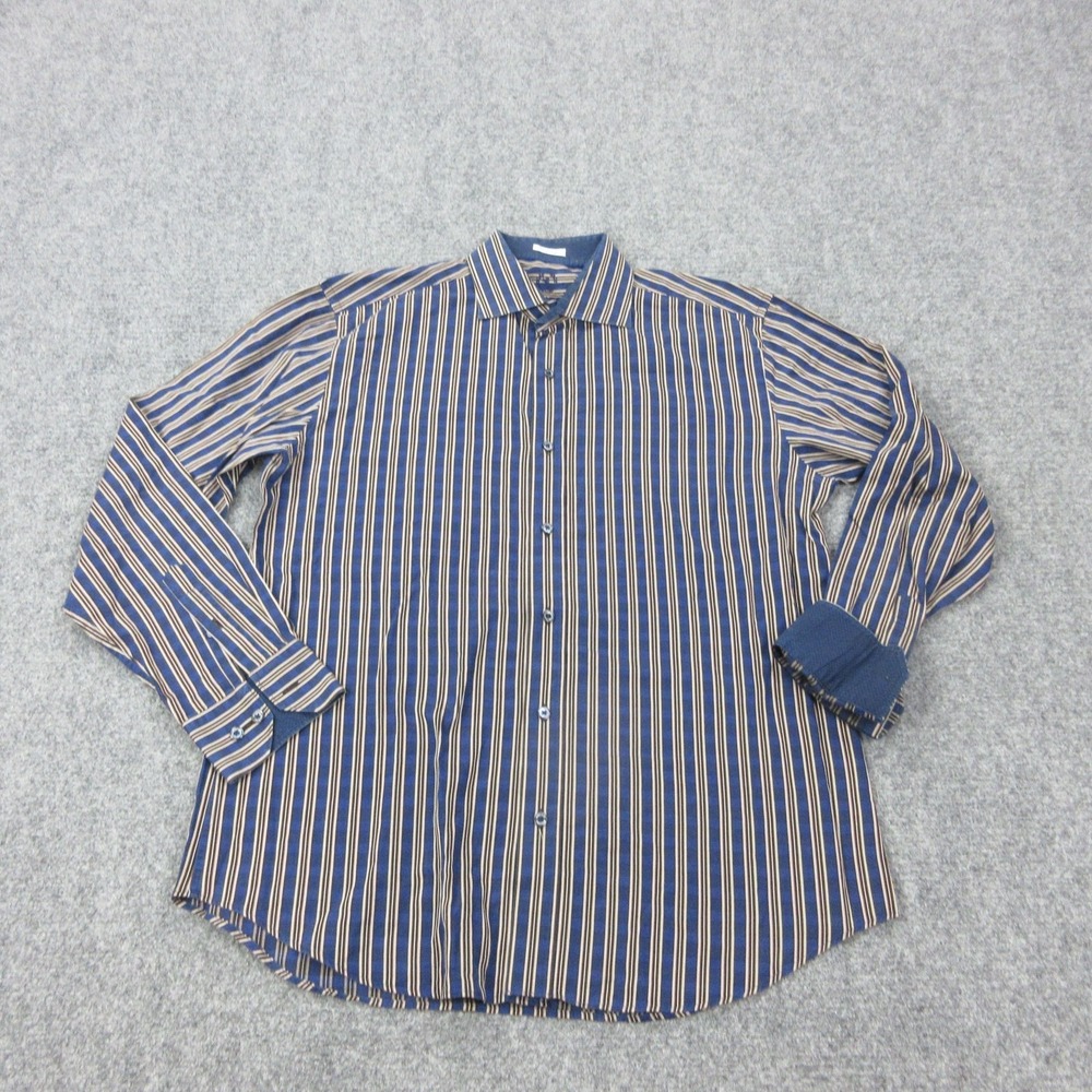 Bugatchi‎ Uomo Shirt Mens L Blue Striped Cotton Woven Long Sleeve Button Front
